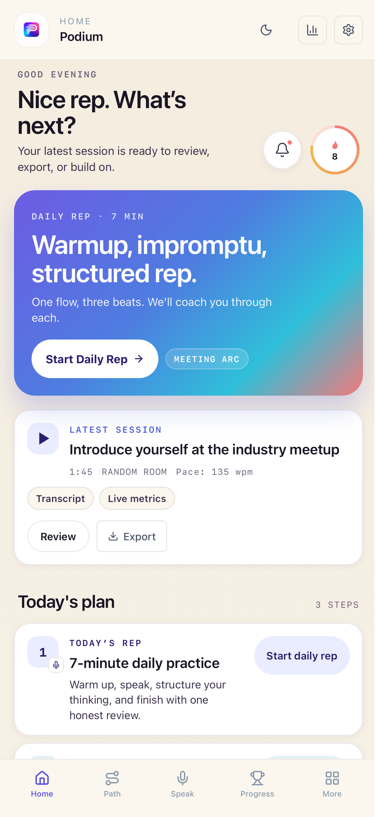 The current Podium home screen with a daily speaking plan